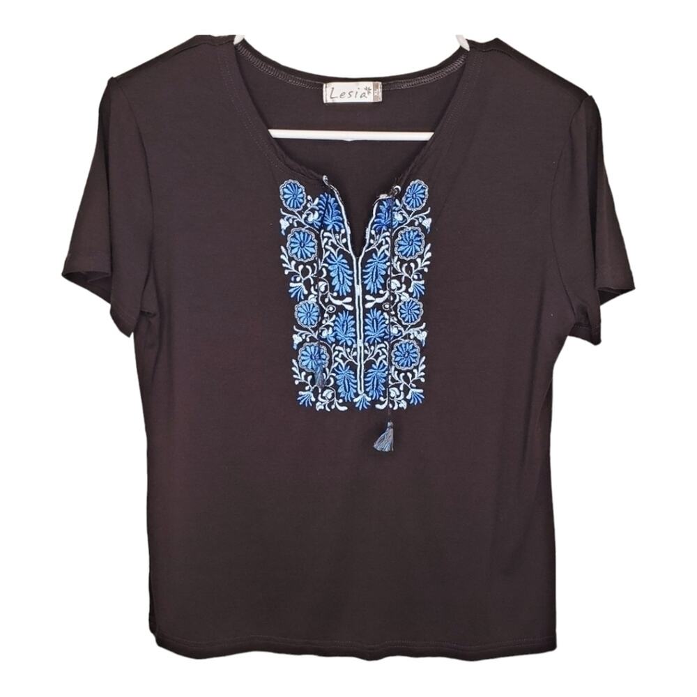Lesia Short Sleeve Embroidered Top with Tassels